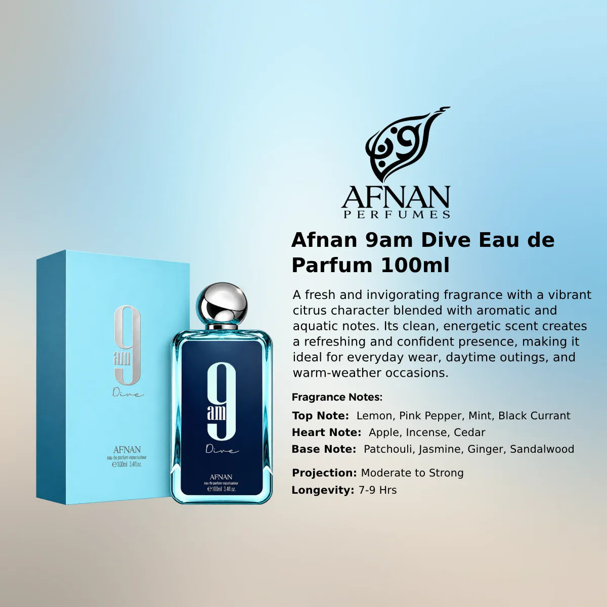 Afnan 9am Dive EDP 100ml luxury fragrance at best price, authentic and genuine product - Perfumesouq Qatar