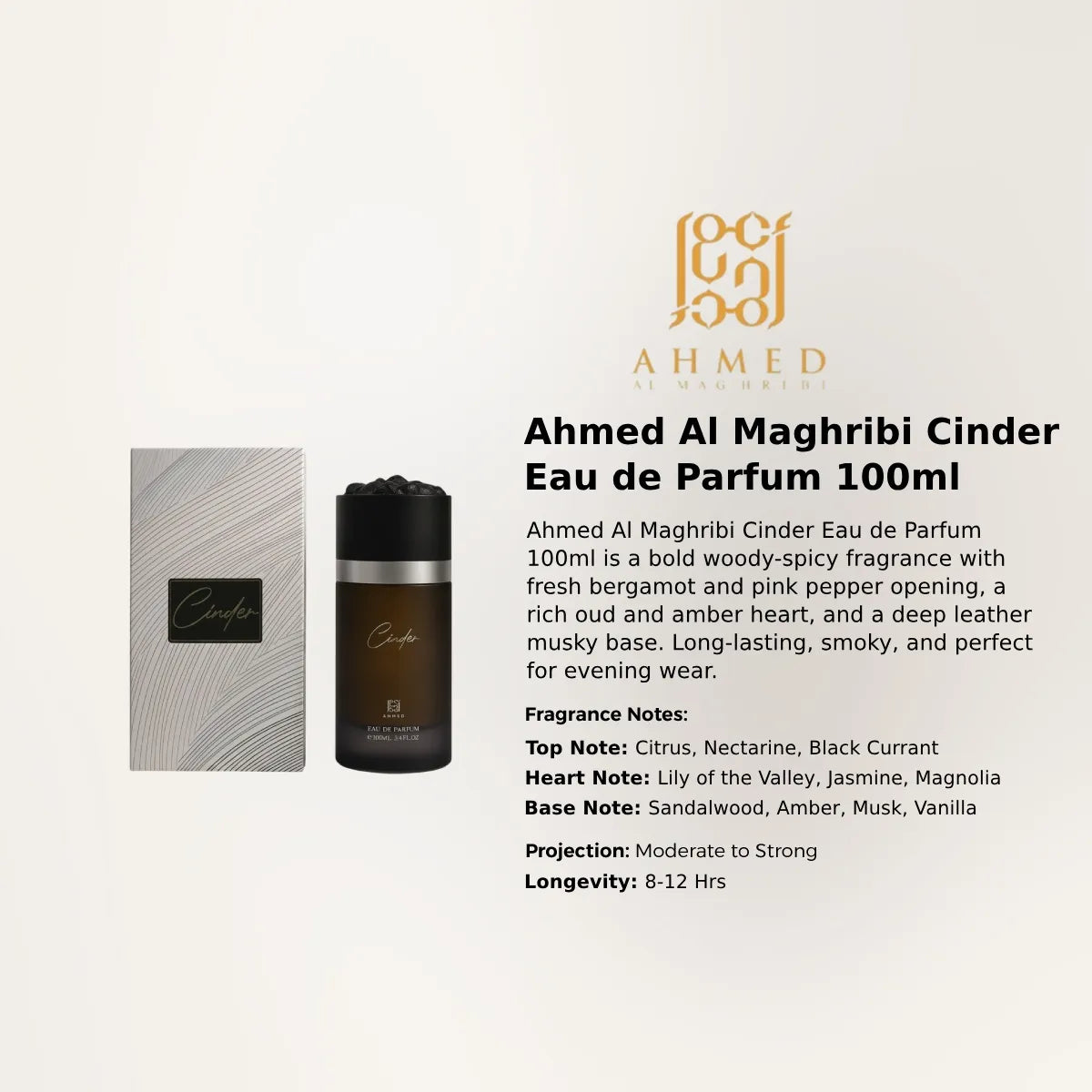 Ahmed Al Maghribi Cinder Eau de Parfum 100ml bold aromatic scent with luxurious oriental appeal  Perfumesouq Qatar
