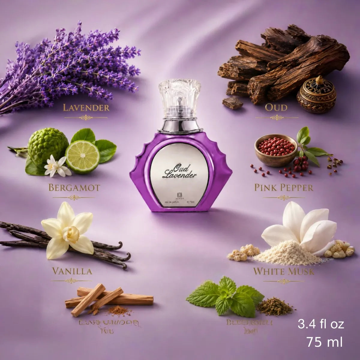 Ahmed Al Maghribi Oud Lavender Eau de Parfum 75ml oriental floral scent with woody base Perfumesouq Qatar