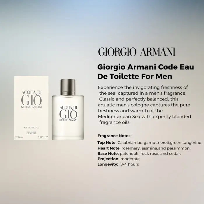 Armani Acqua di Gio men’s fragrance with citrus freshness and refined woody scent design from Perfumesouq Qatar