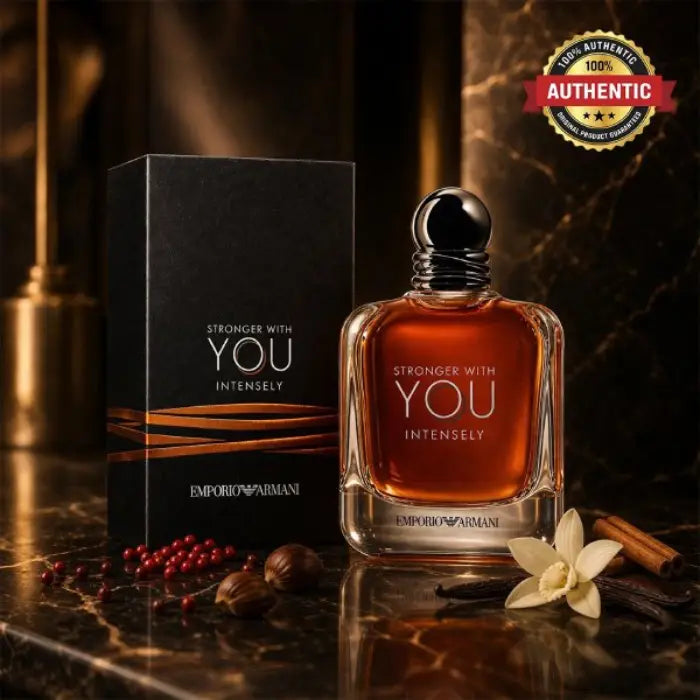 Armani Stronger With You Intensely Eau de Parfum 100ML with luxurious masculine bottle and warm woody fragrance from Perfumesouq Qatar