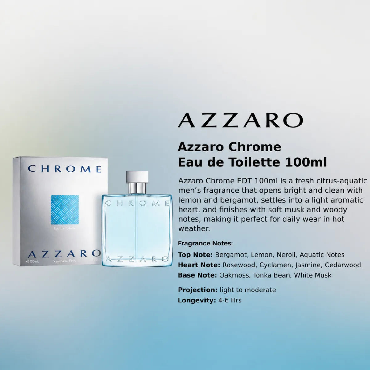 Buy Azzaro Chrome Eau de Toilette 100ml online in Qatar for best price, fresh citrus aromatic fragrance for men - Perfumesouq Qatar