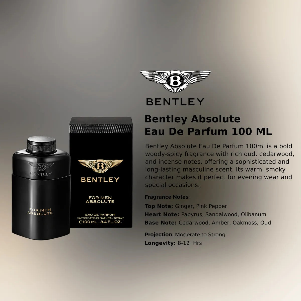 Bentley Absolute Eau De Parfum 100ml luxury men’s fragrance with deep incense woody base and long lasting sophisticated aroma Perfumesouq Qatar