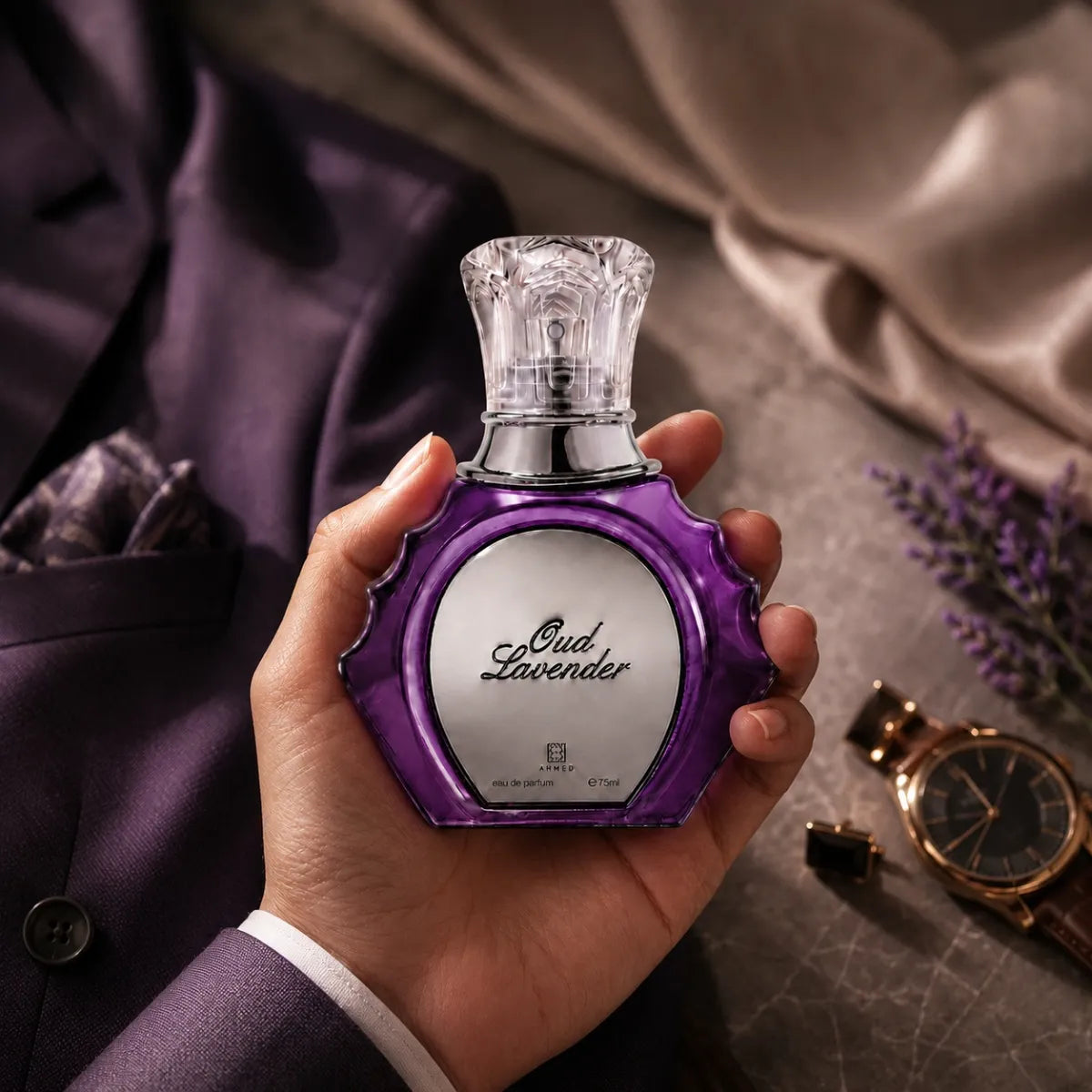 Buy Ahmed Al Maghribi Oud Lavender EDP 75ml fragrance bottle with aromatic lavender and rich oud Perfumesouq Qatar