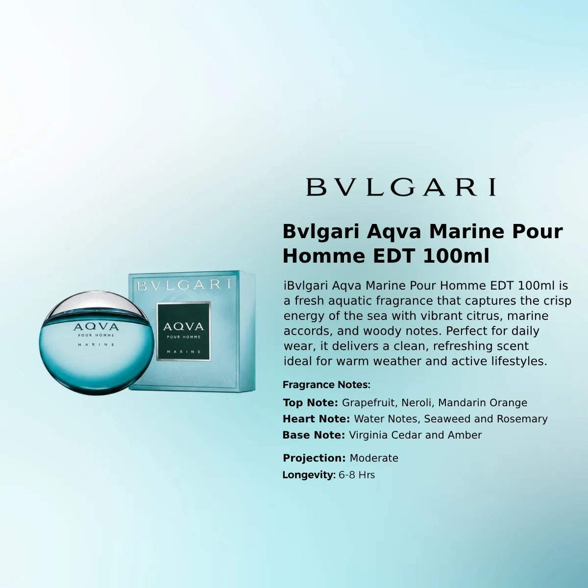 Bvlgari Aqva Marine Pour Homme Eau de Toilette 100ml fresh marine fragrance with citrus and woody notes Perfumesouq Qatar