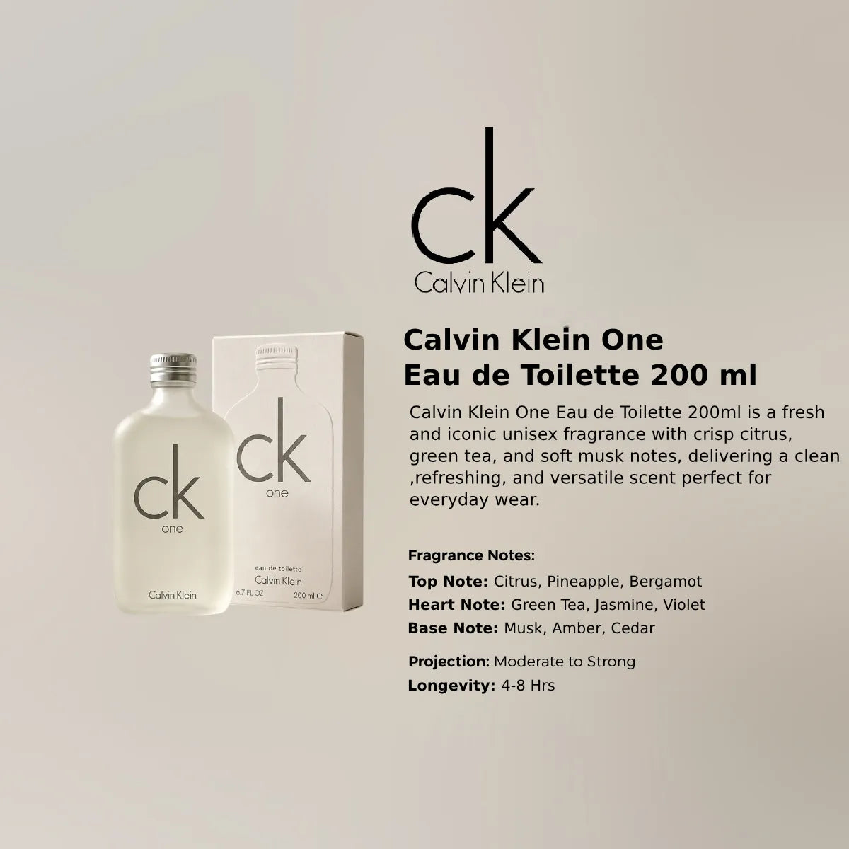 Calvin Klein One Eau de Toilette 200ml iconic unisex fragrance at best price in Qatar - Perfumesouq Qatar