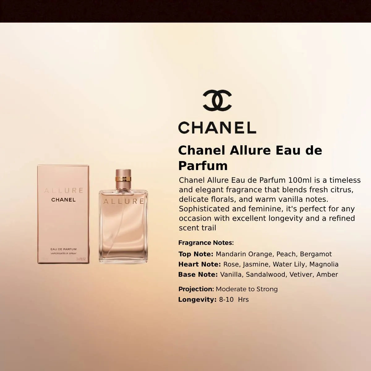 Chanel Allure EDP 100ml for Women, sophisticated floral fragrance with warm amber notes and timeless charm, Perfumesouq Qatar
