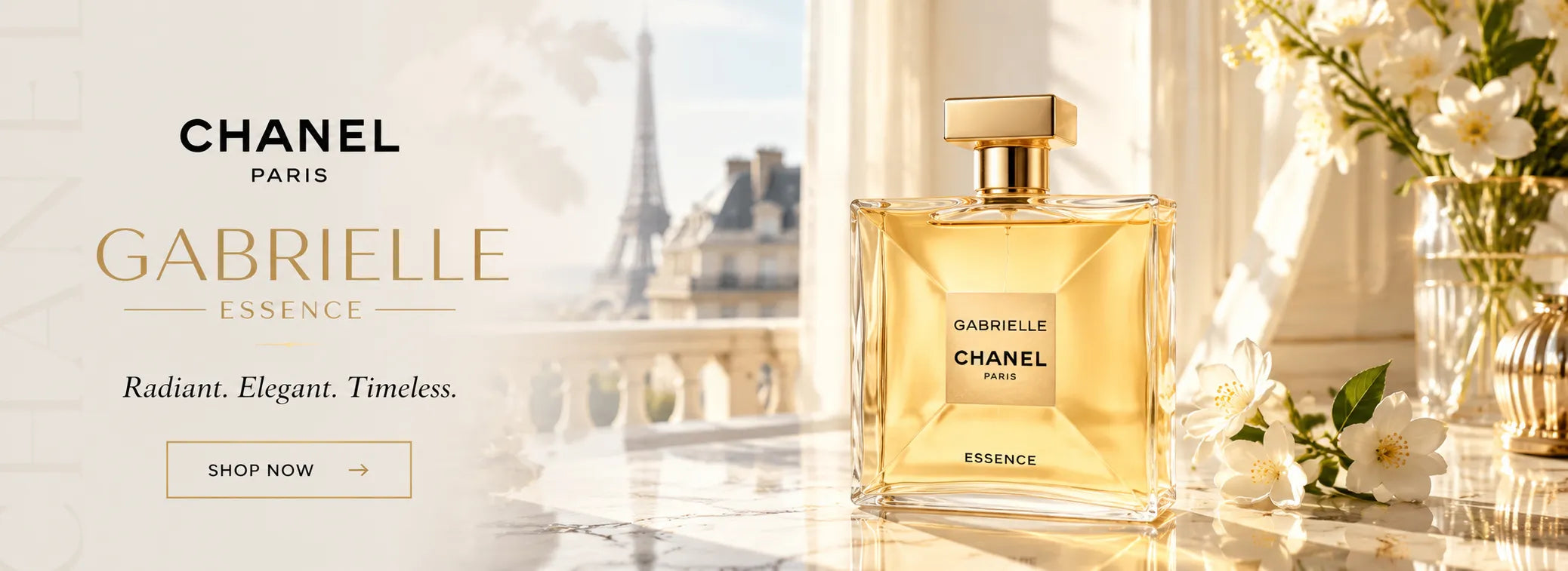 Chanel Gabrielle Essence Eau de Parfum luxury floral perfume qatar for women with radiant white flowers and warm golden notes | Perfumesouq Qatar
