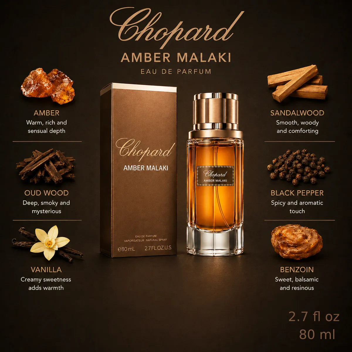 Authentic Chopard Amber Malaki Eau De Parfum 80ml for best price in Qatar, warm oriental amber scent - PerfumeSouq Qatar