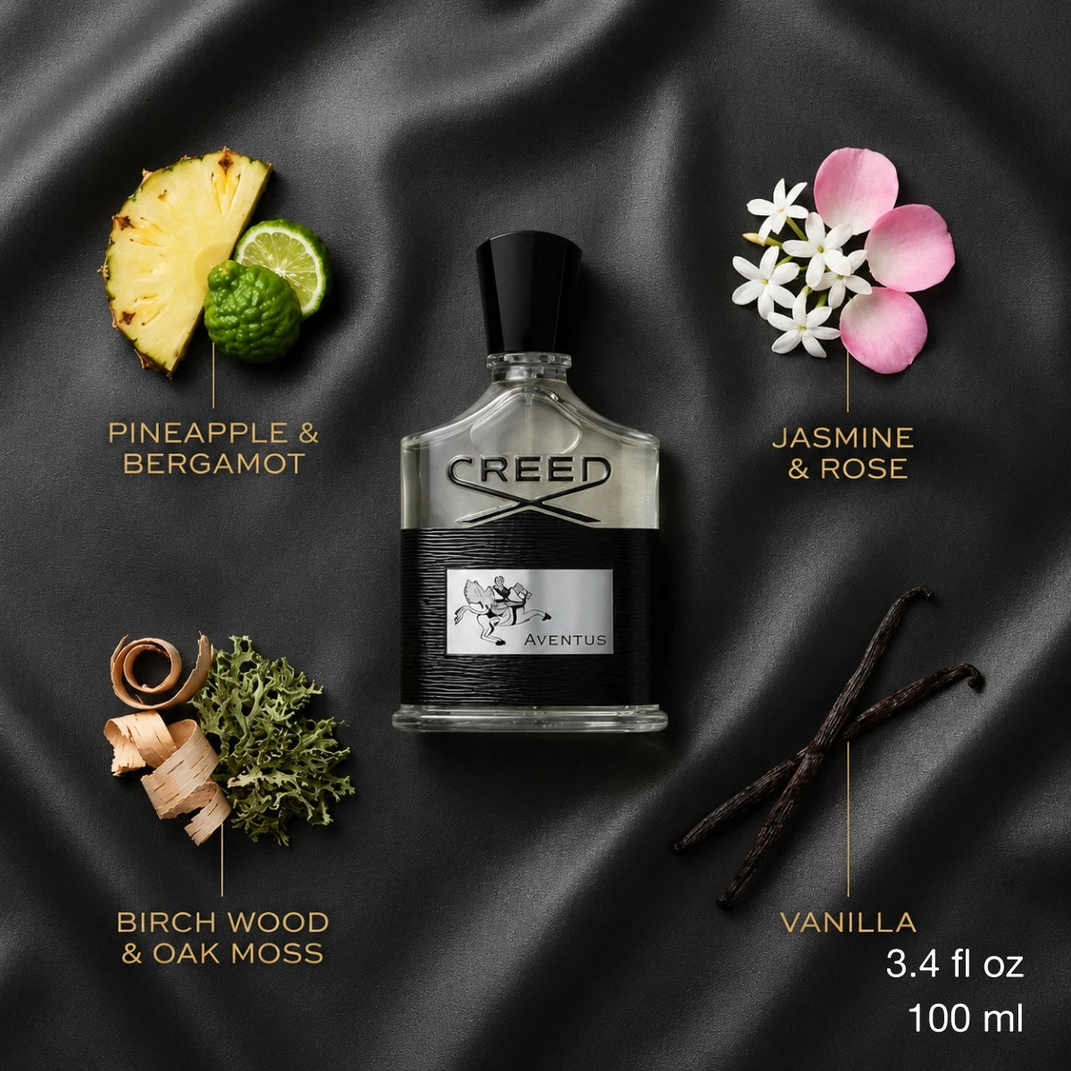 Creed Aventus Eau de Parfum 100 ml showcasing an elegant woody fragrance with fresh top notes, available at best price online from Perfumesouq Qatar.