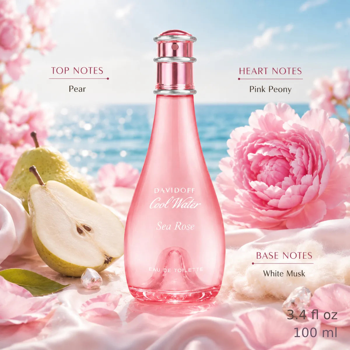 Davidoff Cool Water Sea Rose Eau de Toilette fragrance notes featuring pear, pink peony and white musk with elegant ingredient presentation | Perfumesouq qatar