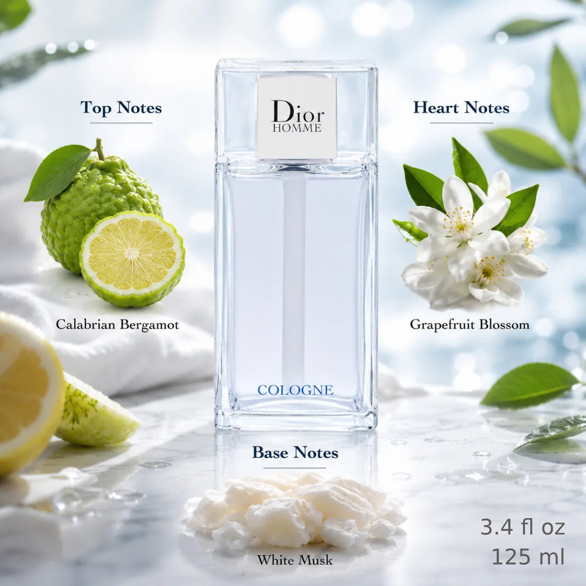Dior Homme Cologne Eau de Cologne 125ml fragrance notes with top, heart and base notes | Perfume Souq Qatar