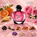 Dior Poison Girl perfume bottle with floral and fruit elements on a pink background from Perfumesouq Qatar