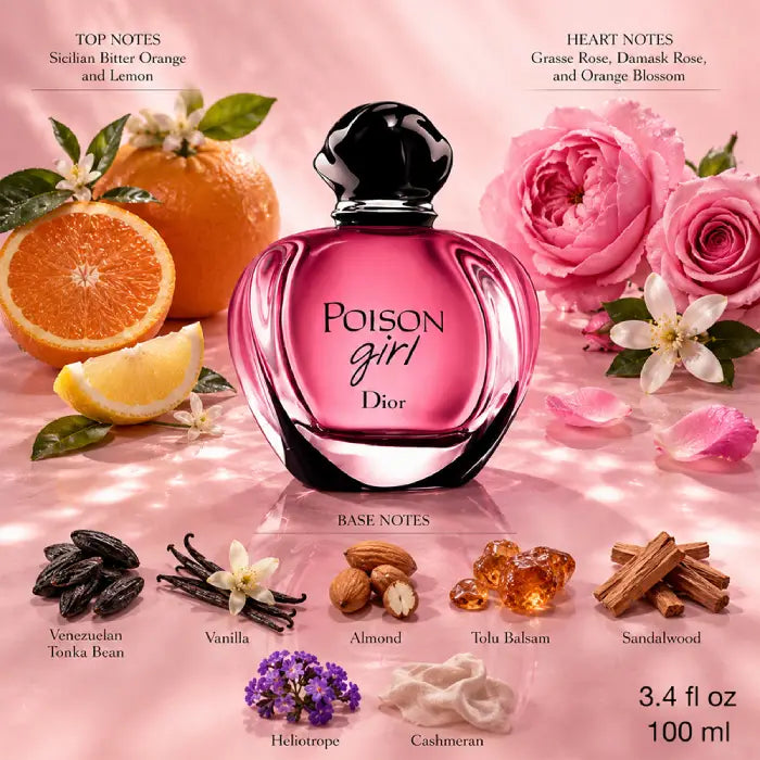 Dior Poison Girl perfume bottle with floral and fruit elements on a pink background from Perfumesouq Qatar