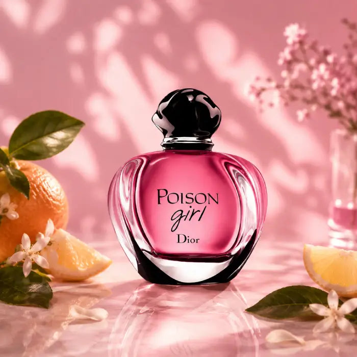 Dior Poison Girl perfume bottle with fruits and flowers on a pink background Perfumesouq Qatar