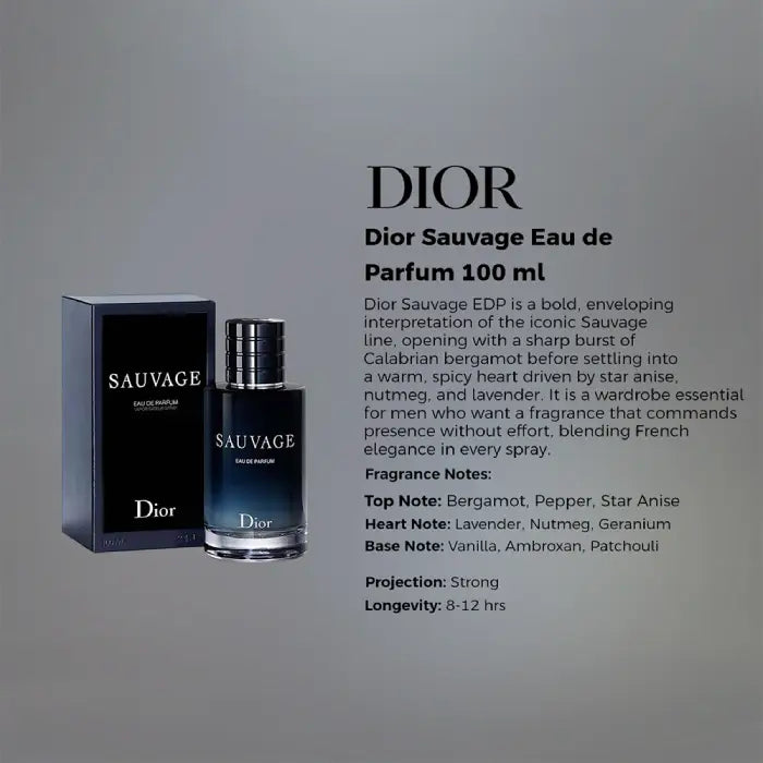 Dior Sauvage Eau de Parfum bottle and packaging on a gray background with product details from Perfumesouq Qatar