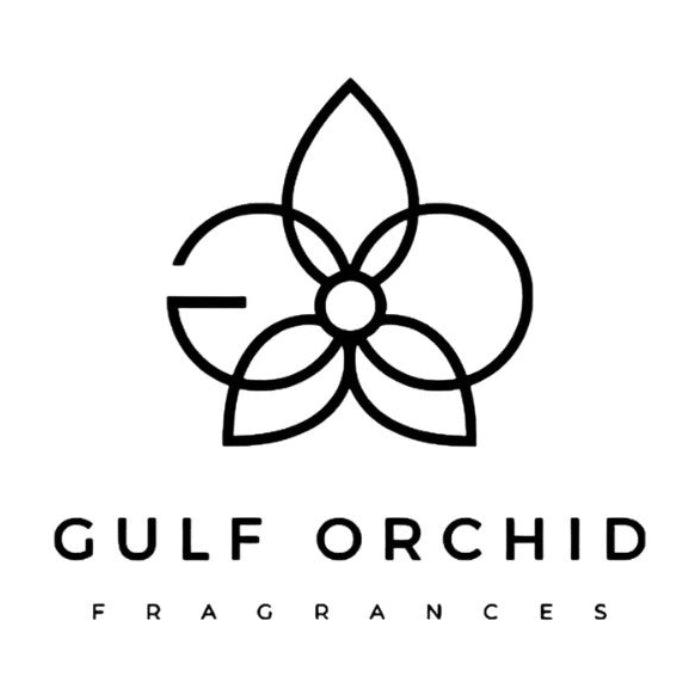 Gulf Orchid Fragrances logo featuring a black outlined orchid emblem above spaced uppercase lettering on a white background, perfumes qatar at Perfumesouq Qatar
