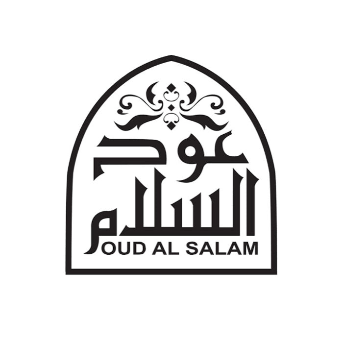 Oud Al Salam logo with black Arabic calligraphy, ornamental flourishes and English lettering inside an arched border on a white background, perfumes qatar at Perfumesouq Qatar

