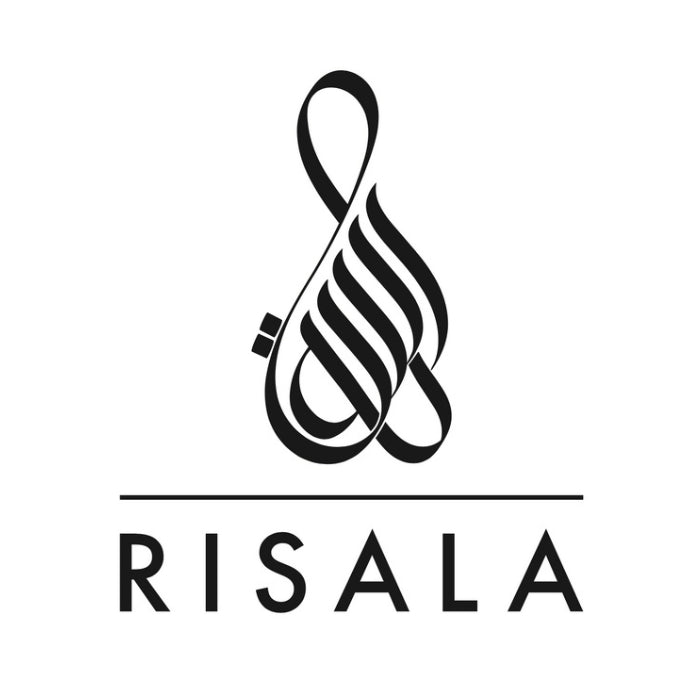 Risala logo featuring flowing black Arabic calligraphy above a horizontal line and uppercase brand lettering on a white background, perfumes qatar at Perfumesouq Qatar