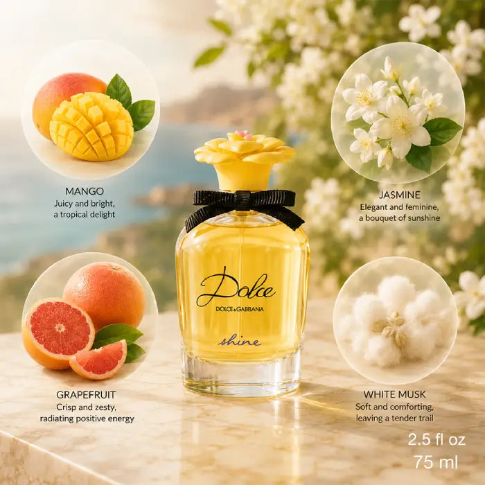 Luxury Dolce & Gabbana Dolce Shine perfume bottle with floral feminine fragrance presentation in Perfumesouq Qatar