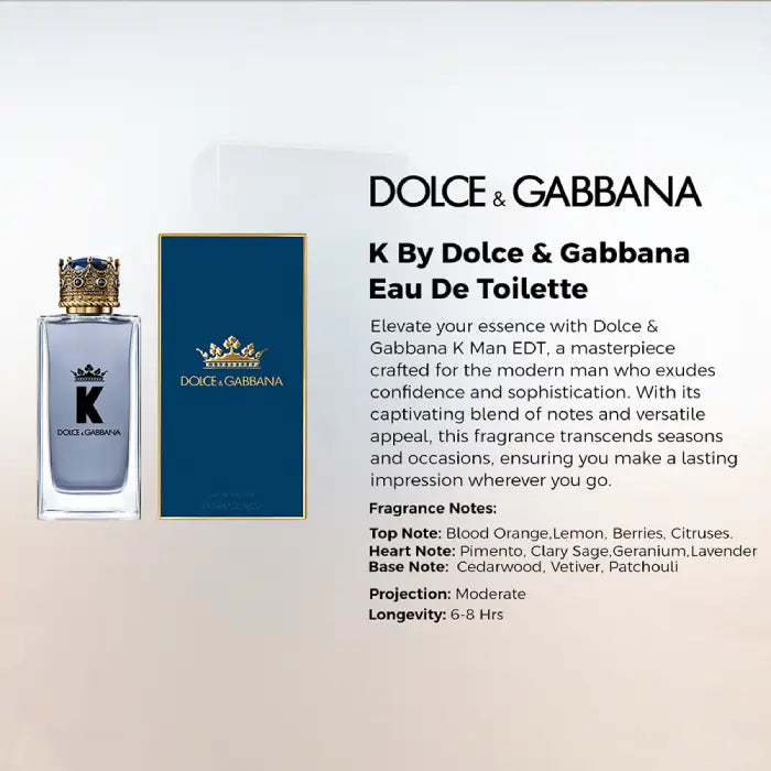 Dolce & Gabbana K 100ML men’s fragrance with fresh citrus scent and elegant perfume bottle from Perfumesouq Qatar