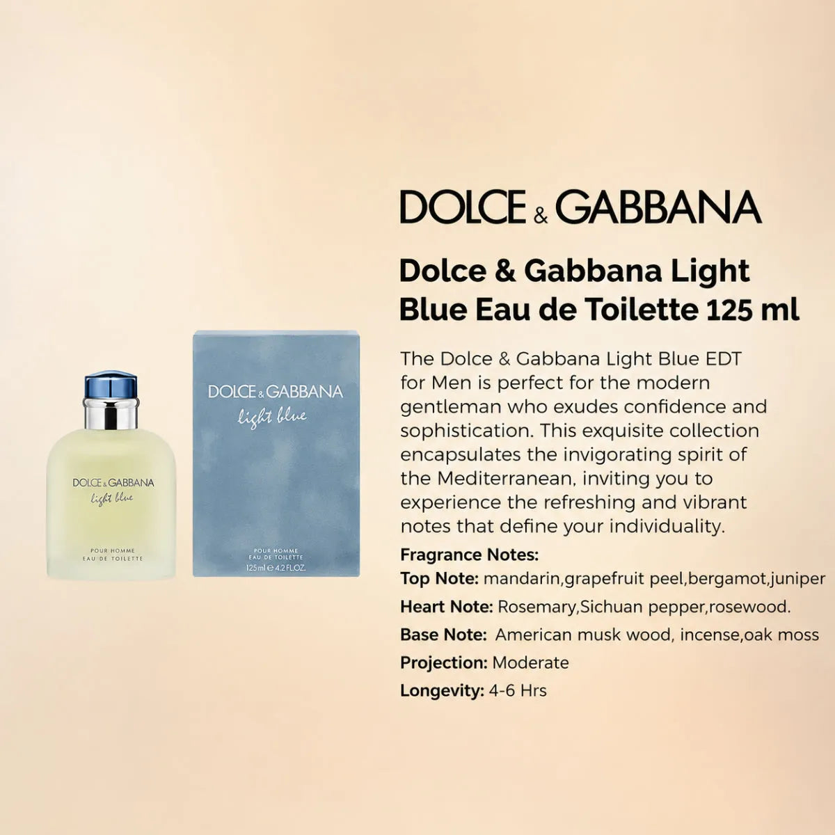 Dolce & Gabbana Light Blue Eau de Toilette 125ml premium men's fragrance information | Perfume Souq Qatar