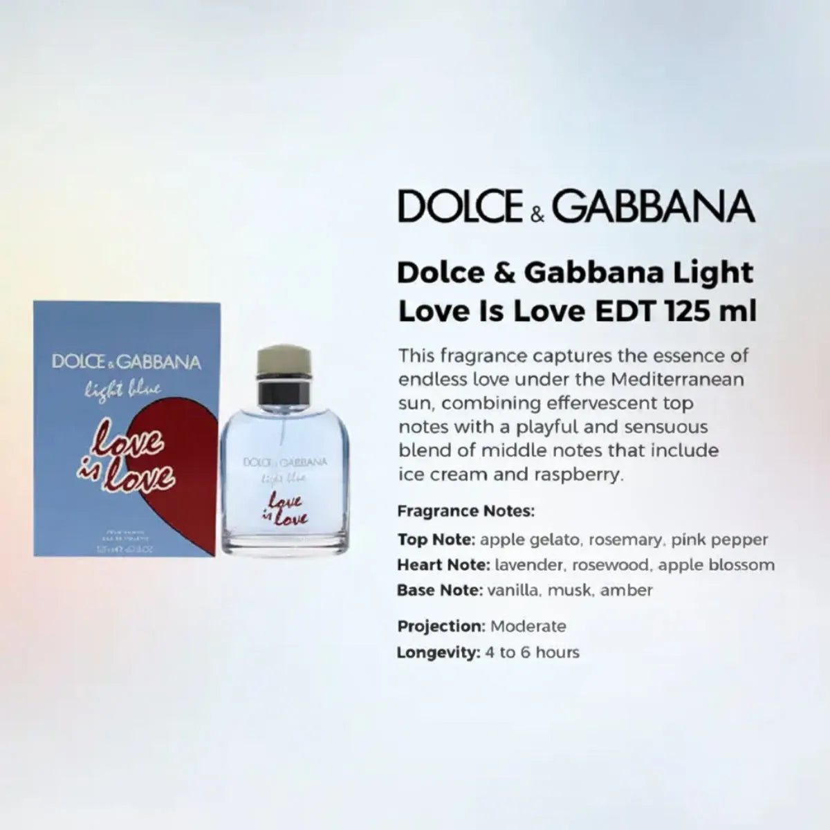 Dolce & Gabbana Light Blue Love Is Love EDT 125ml for women with elegant premium packaging, buy online in Qatar – PerfumeSouq Qatar