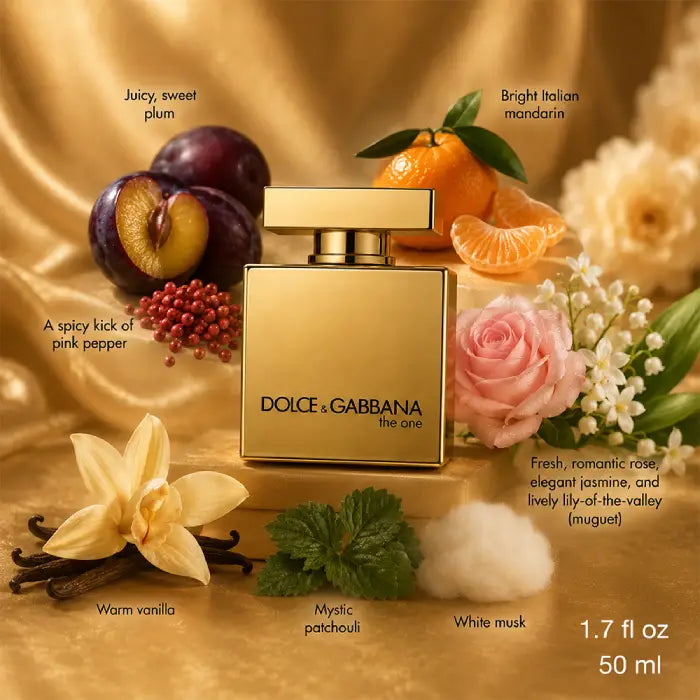 Dolce & Gabbana The One Gold luxury fragrance bottle with sophisticated golden perfume presentation in Perfumesouq Qatar
