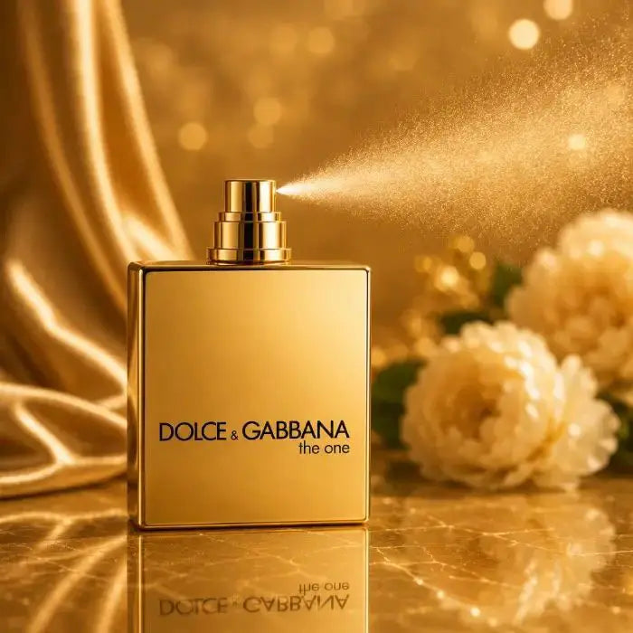 Gold Dolce & Gabbana perfume bottle with flowers in the background Perfumesouq Qatar