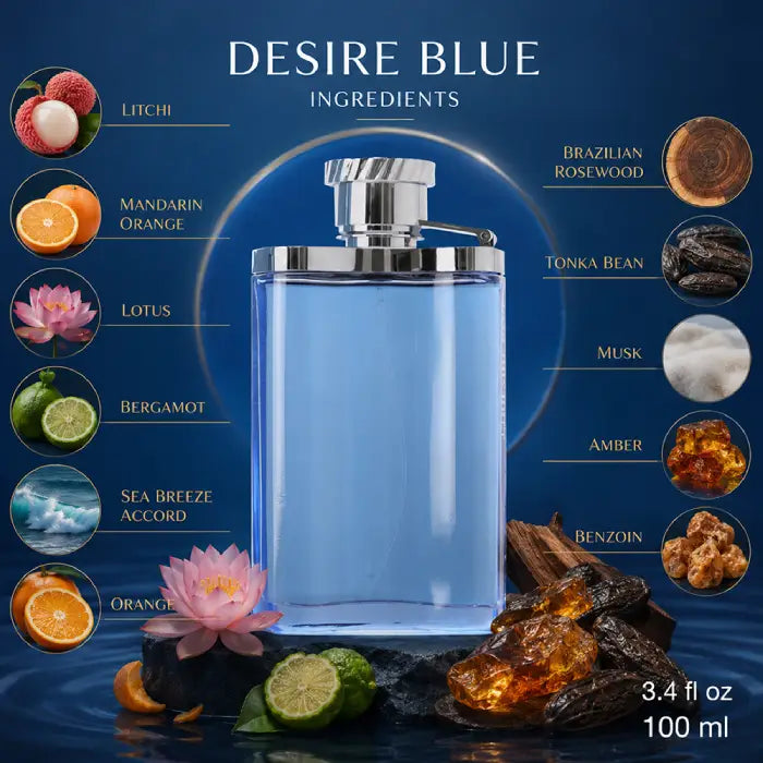 Luxury Dunhill Desire Blue 100ML perfume bottle with modern silver and blue detailing from Perfumesouq Qatar