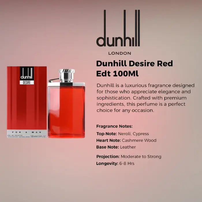 Dunhill Desire Red EDT bottle showcasing stylish red fragrance design and sophisticated masculine appeal from Perfumesouq Qatar