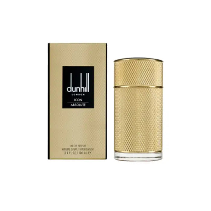 Dunhill Icon Absolute men’s perfume featuring oud leather accords and luxury fragrance presentation from Perfumesouq Qatar