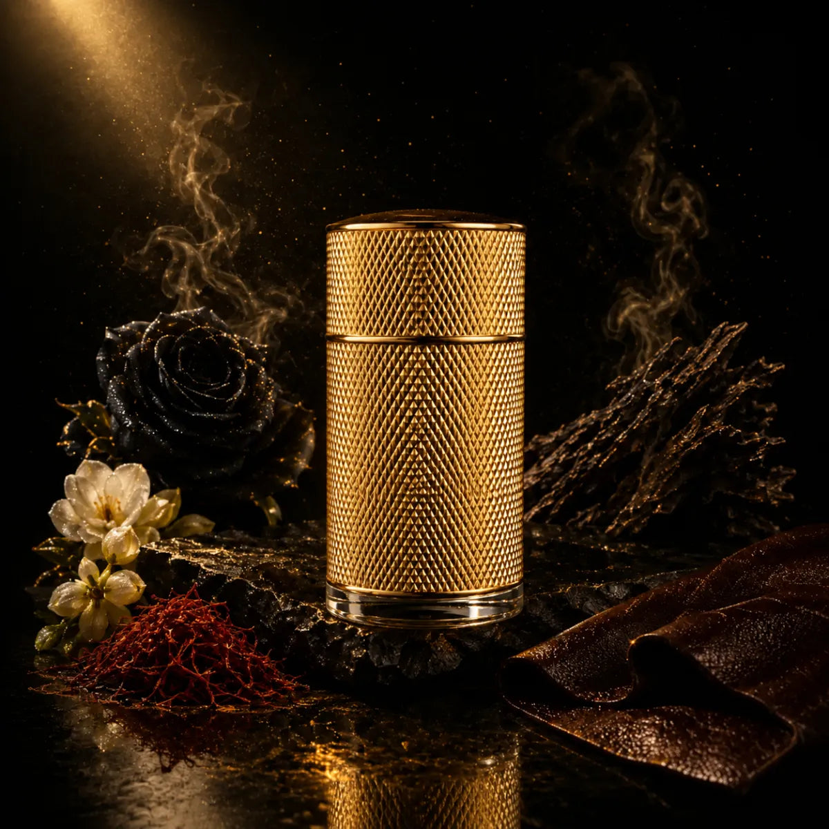 Dunhill Icon Absolute woody perfume for men with rich leather accords and luxury presentation from Perfumesouq Qatar.