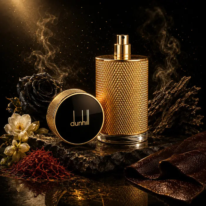 Dunhill Icon Absolute woody perfume for men with rich leather accords and luxury presentation from Perfumesouq Qatar