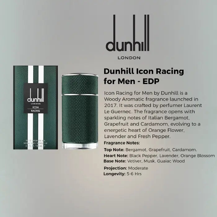 Dunhill Icon Racing EDP bottle showcasing sophisticated masculine fragrance styling from Perfumesouq Qatar