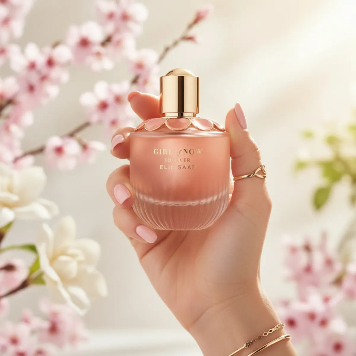 Woman holding Elie Saab Girl of Now Forever Eau de Parfum perfume bottle | Perfume Souq Qatar