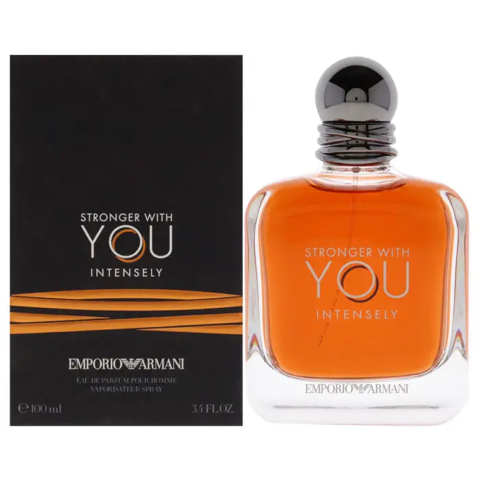 Emporio Armani Stronger With You men’s perfume featuring spicy chestnut notes and elegant bottle design from Perfumesouq Qatar