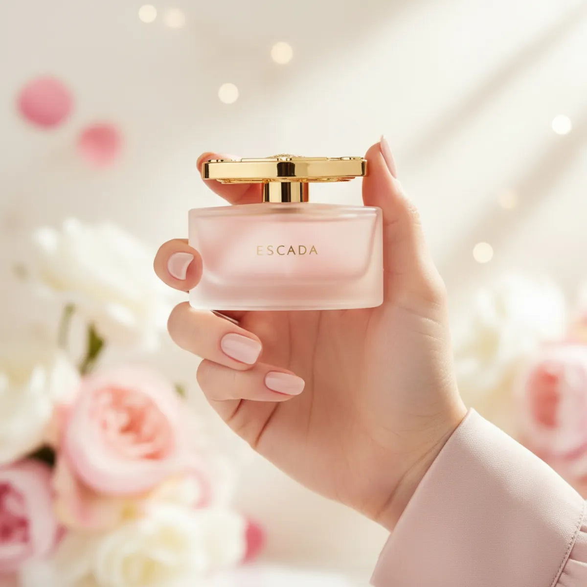 Woman holding Escada Especially Delicate Notes Eau de Toilette perfume bottle | Perfume Souq Qatar