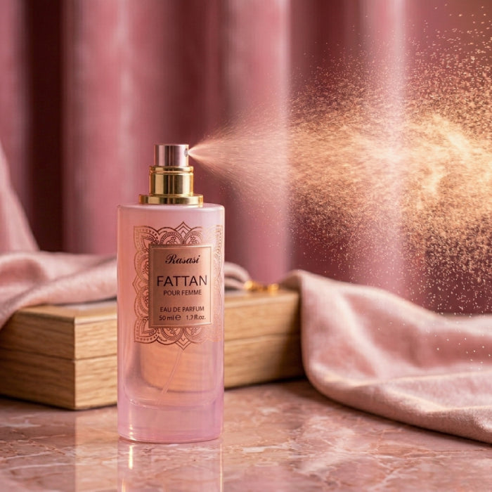 Fattan Pour Femme EDP 50 ml  spray with soft mist highlighting elegant feminine fragrance from Perfumesouq Qatar