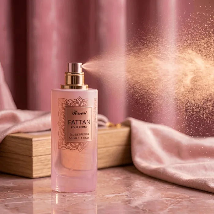 Fattan Pour Femme EDP 50 ml  spray with soft mist highlighting elegant feminine fragrance from Perfumesouq Qatar