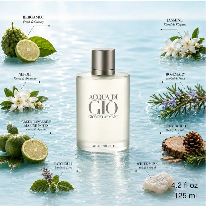 Giorgio Armani Acqua di Gio Eau de Toilette with refreshing ocean-inspired fragrance and premium bottle  from Perfumesouq Qatar