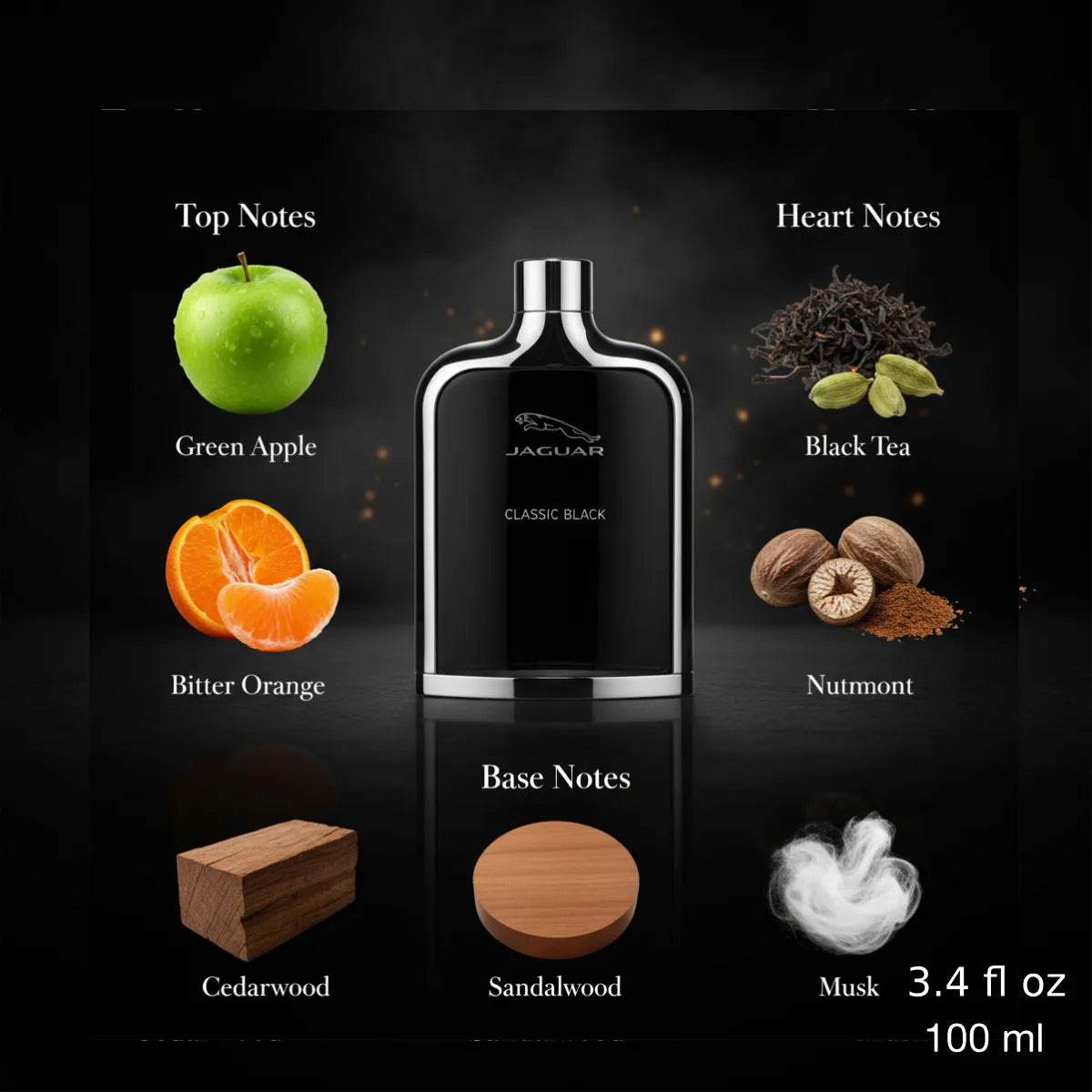 Jaguar Classic Black EDT 100ml fragrance notes with top, heart and base notes | Perfume Souq Qatar