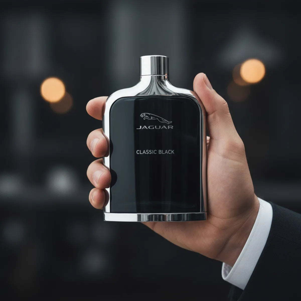 Man holding Jaguar Classic Black EDT 100ml perfume bottle | Perfume Souq Qatar