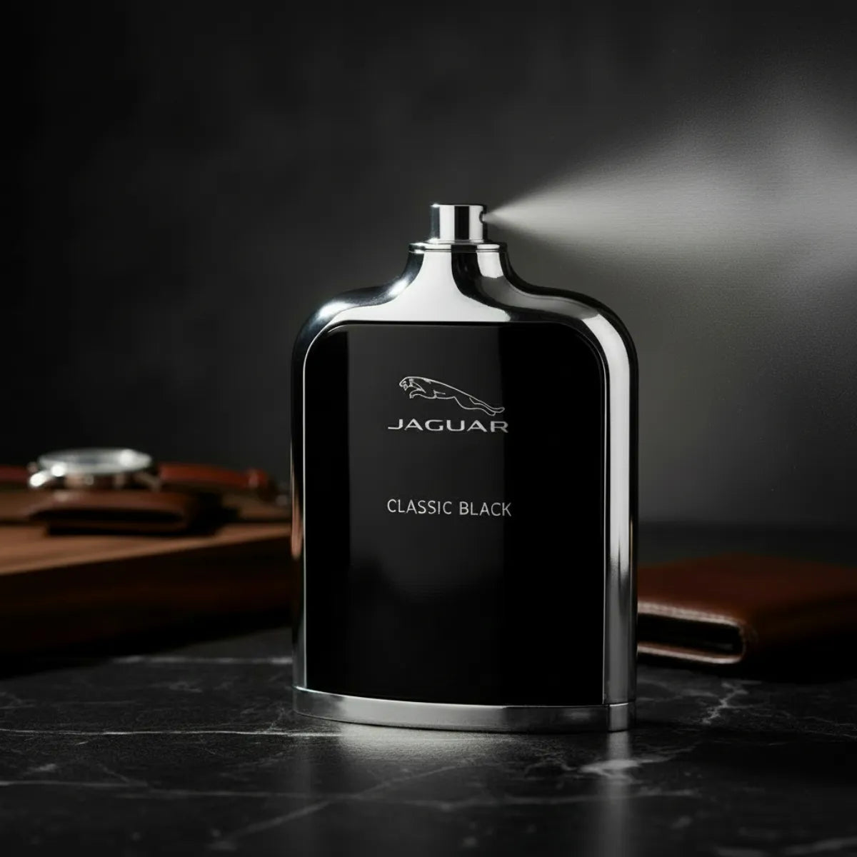 Jaguar Classic Black EDT 100ml perfume bottle spraying fragrance | Perfume Souq Qatar
