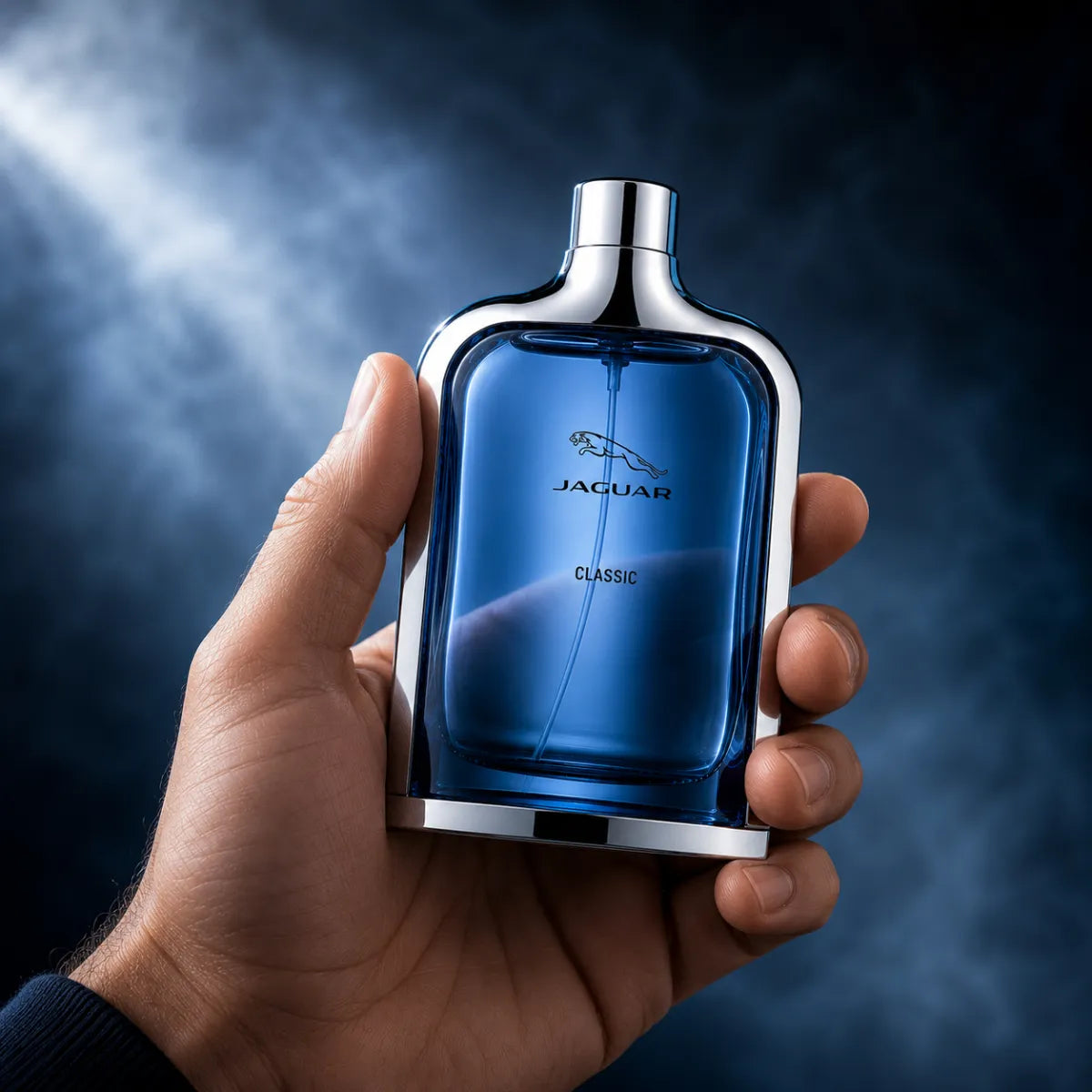 Man holding Jaguar Classic Blue Eau de Toilette 100ml perfume bottle | Perfume Souq Qatar