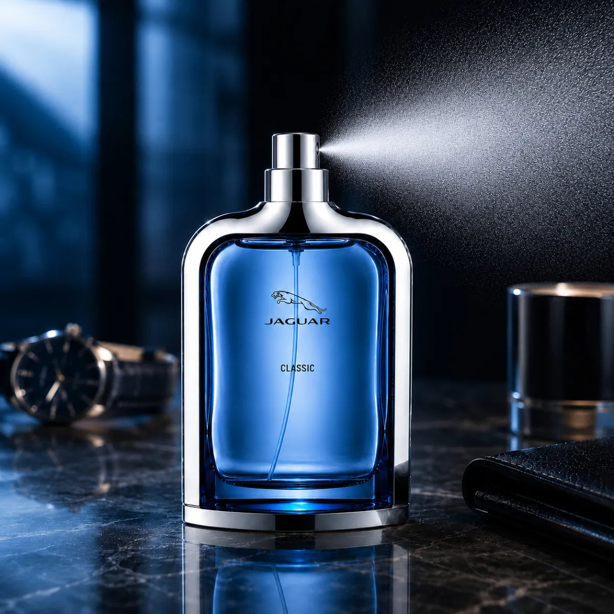 Jaguar Classic Blue Eau de Toilette 100ml perfume bottle spraying fragrance | Perfume Souq Qatar