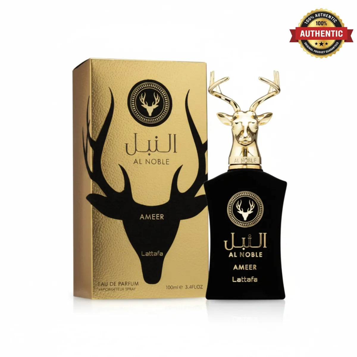 Lattafa Al Noble Ameer EDP 100 ml featuring an elegant deer-head cap and sophisticated Arabian styling Perfumesouq Qatar