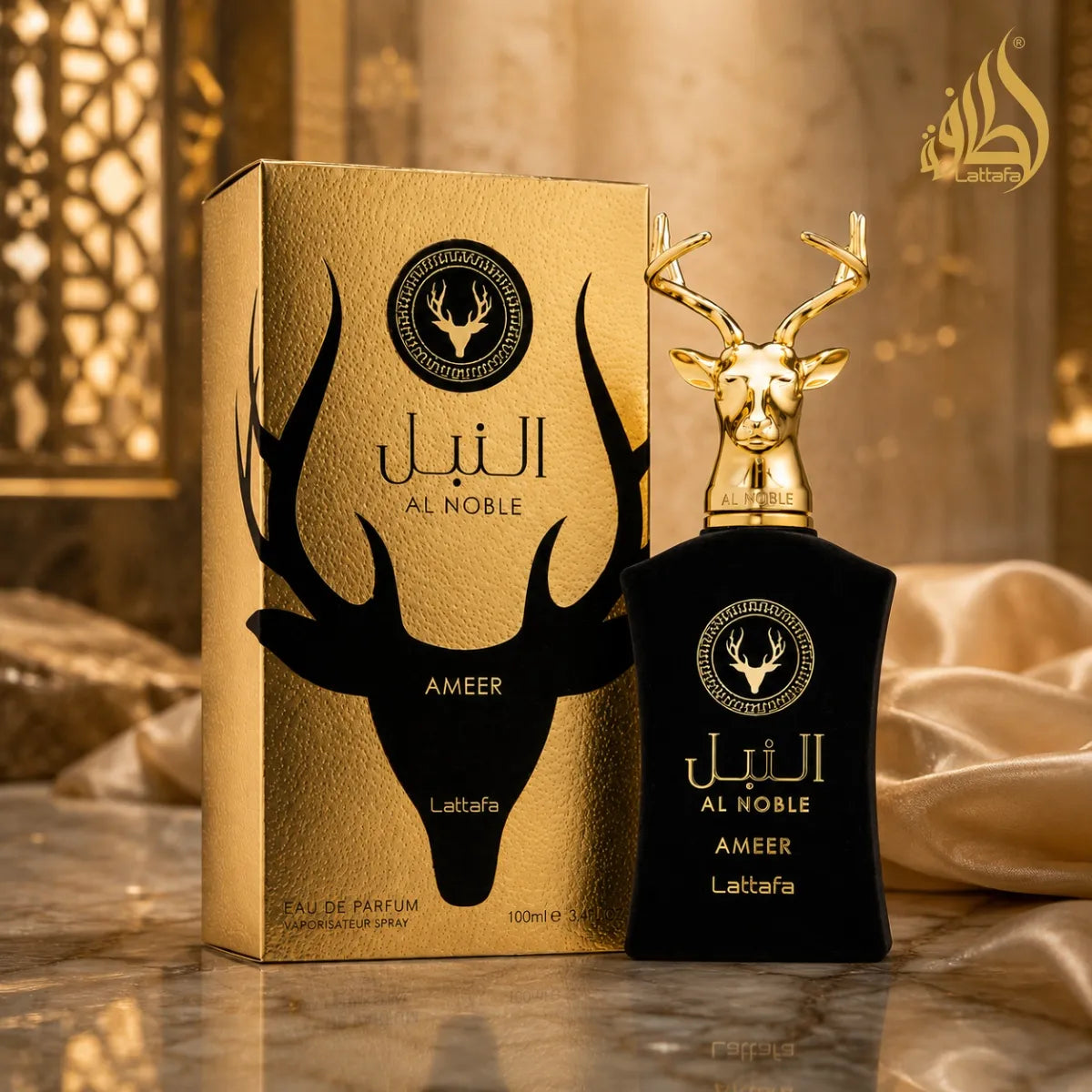 Lattafa Al Noble Ameer EDP 100 ml premium fragrance bottle with luxurious black and gold design best price in online Perfumesouq Qatar