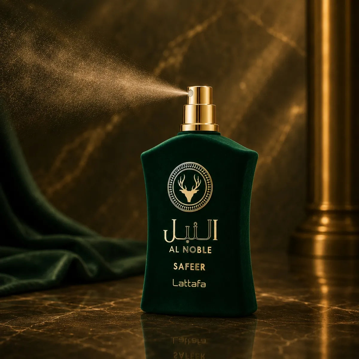 Lattafa Al Noble Safeer EDP 100 ml unisex perfume with woody, spicy and aromatic notes in a premium green bottle Perfumesouq Qatar