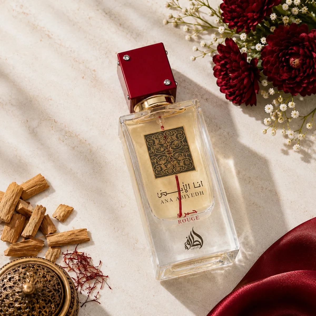 Original Lattafa Ana Abiyedh Rouge Eau De Parfum 60ml featuring saffron, jasmine, and amber notes - Perfumesouq Qatar